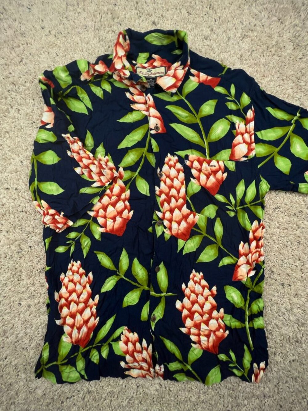 S&D Bahamas Hawaiian Camp Shirt Luau Button Up Floral Blue Green Colorful RAYON